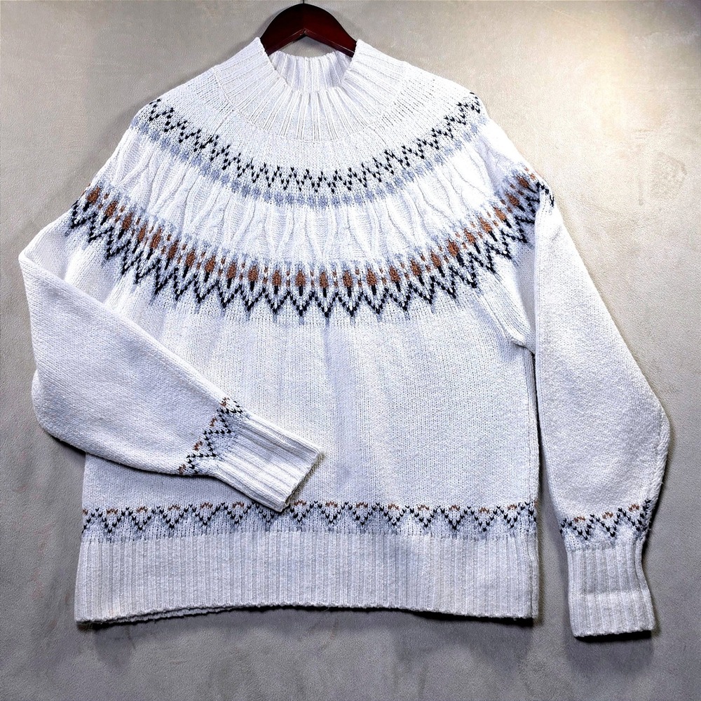 Artelier Nicole Miller Womens XL White Fair Isle Cable Knit Oversized Sweater